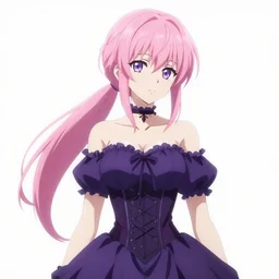 hd anime portrait of beautiful necromancer, gloomy purple dress, corset, face details, pink hair, ponytail, white skin, green eyes, posing, high fantasy, highly detailed, sharp focus, smooth, manga illustration, by kurone mishima