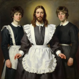 jesus christ in maid dress, painting by wlop, takato yamamoto and john roddam spencer stanhope