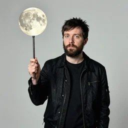 Thom Yorke, Thom Yorke, Thom Yorke, holding the moon upon a stick, with a beard and a black jacket, a portrait by John E. Berninger, dribble, neo-expressionism, uhd image, studio portrait, 1990s