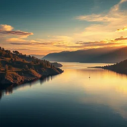 hyper realistic panorama of lake balaton, golden hour, gorgeous lighting by kim jung giu weta studio, mucha, bautista and norman rockwell and greg rutkowski and tom bagshaw and james gurney and lucasfilm