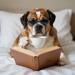 funny image of a rich british dog in bed wearing a monocle and drinking tea while reading