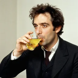 colorized photo of Maurice Ravel drinking a glass of yellow liquid
