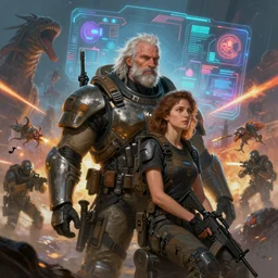 illustration of h. r. giger and liliia sitailo, artist paint in air colorful elements of bright sci - fi hologram elements, squad of swat shoot swarm of monsters, dramatic, sharp focus, depth of field, highly detailed, artstation, digital art, volumetric light, dynamic, expression