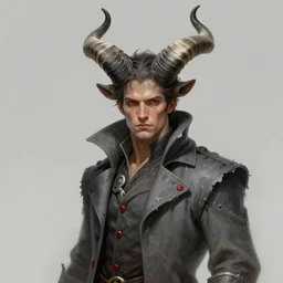 a triple a game concept art of a handsome male adult with large imp horns on a head in tattered slate - gray collared coat with red buttons, black and white curved striped horns, red eyes, art by cushart krentz and greg rutkowski, elegant, front view, male person concept art, 8 k resolution, high quality, fantasy style, empty background, illustration, hyperrealism, octane render, commission art