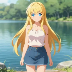 a very beautiful anime girl, full body, long golden hair, sky blue eyes, full round face, short smile, mini jeans skirt, cute top, lake summer setting, cinematic lighting, medium shot, mid-shot, highly detailed, trending on Artstation, Unreal Engine 4k, cinematic wallpaper by Stanley Artgerm Lau, WLOP, Rossdraws, James Jean, Andrei Riabovitchev, Marc Simonetti, and Sakimichan