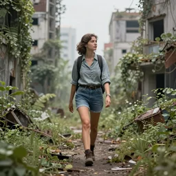 solo female traveller walking through an abandoned overgrown city, small scale, anatomically correct, hyperrealistic, concept art, octane render, unreal engine 5, trending on artstation, trending on deviantart, matte, fantasy style, path traced, high coherence, soft lighting, digital painting