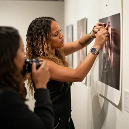 photographer installing prints at a exhibition stressing sweating nervous lighting cinematic while rhianna watches