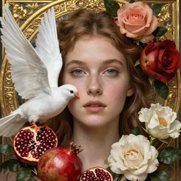 realistic detailed close up beautiful nordic girl portrait, portrayed as the goddess Aphrodite by John William Godward, Anna Dittman, and Karol Bak, gorgeous eyes, white dove, pomegranates, roses and gladioli, golden ornamental background, face in focus, Art Nouveau, Neoclassical, beautiful deep colors