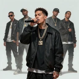 concept art, rapper singing in the foreground, characters in the background, 8 k, detailed