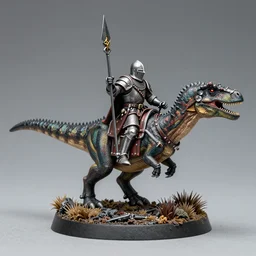 Warhammer, D&D, high detail, miniature of medieval knight riding an allosaurus, heavy cavalry, Asgard rising, MyMiniFactory, 28mm scale