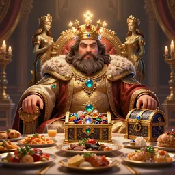 an intricate concept art, photorealism, a fat bearded king, feasting on a table full of food, woman figures carved on a throne, treasure chest full of jewelries, glowing crown, ultra photorealistic, pinterest, artstation, cgsociety, pinterest, digital art, hyper detail, radiant lighting, anime colors, style by wlop, octane render, 8 k