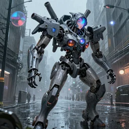 refractions on lens, full round face, biomechanical details, beautiful cyborg girl fighting a mech in the style of arcane, cyberpunk anime art, full body shot, rain, wet street, window reflections, lens flare, wlop, ilya kuvshinov, artgerm, krenz cushart, greg rutkowski