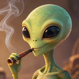 beautiful character design of an alien smoking a blunt, slight smile, sideview, earth reflecting in eyes, warm lighting, symmetrical face, subtle vibrancy, pathfinder, HD, detailed,