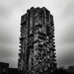 brutalism tower, islandpunk, gloomy, black and white