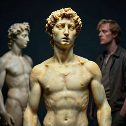 beautiful portrait of man made of wax by greg rutkowski, josan gonzalez, rodin, michelangelo, cinematography by christopher nolan, imaginative, creative, emotion : madness