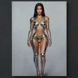 full body, center frame portrait painting of kim kardashian as beautiful cyberpunk female with minimal intricate futuristic cyberpunk chrome and golden geometric decorative body modification, realistic digital art, rembrandt lighting, trending on art station style,