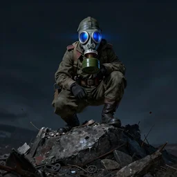 portrait of futuristic world war 1 russian soldier with gp - 5 gas mask with blue light glowing in the eyes, on top of a giant debris pile, dark night background, moody colors, high details, dripping paint, greg rutkowski, craig mullins, ash thorpe, fibonacci rhythm ar