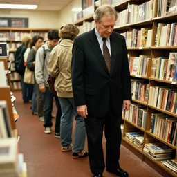 2 0 0 5 john lasseter of pixar is wearing a black suit and necktie standing in line at a bookstore. he his looking down at his shoes.