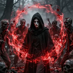 a pale figure in a black hood, surrounded by zombies, with swirling glowing red magic, high quality, by anson maddocks, 4 k, digital art