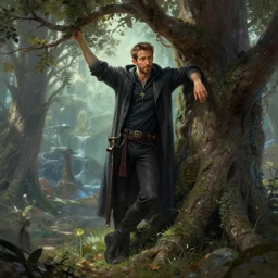 ryan reynolds as a wizard leans on a mystical tree in a romance novel fantasy artwork epic detailed and intricate digital painting trending on artstation by wlop octane render