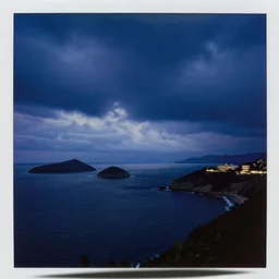 deep blue, blue hour, early night, deep blue atmosphere, overcast, low light, black and blue sky, sundown, scattered islands, sea, ocean, low pressure system, cloud with eye, very windy, late evening, distant hotel retreat on cliffside, shining lights on cliff side, polaroid photograph