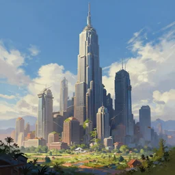 a land scape with a skycraper biopunck architecture painting by sparth artist in elon musk movment trending on artstation ,digital 2d ,400 steps ,  1024x1024