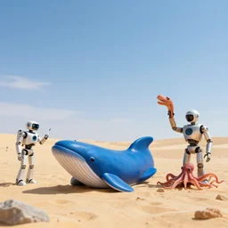 🐋 🤖🦖🐙 👽 🐳 in desert, photography