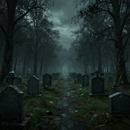 Eerie cemetery landscape, cinematic, rendered by simon stålenhag, rendered by Beeple, Makoto Shinkai, syd meade, environment concept, digital art, unreal engine, 3 point perspective, WLOP, trending on artstation, low level, 4K UHD image, octane render,