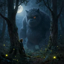 a small boy leaning on a tree encounters a giant furry one - eyed monster in a misty moonlit forest, painting by peter mohrbacher. surrounded by fireflies, cinematic lighting, cgsociety