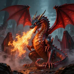 the dragon breathes fire on the ghosts in hell