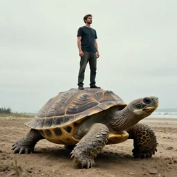 award wining photograph of a man standing on a giant turtle