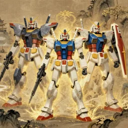 Gundam RX-93 VS Sazabi in their respective Gundam mecha suits, traditional Chinese painting style, beautiful, dynamic lighting, intricate detailing, gold glow, trending on art station, 8k