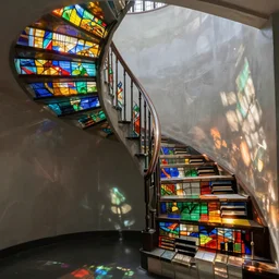 spiral staircase made of stained glass piano keys