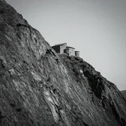 lonely medieval monastery on top of a steep, high mountain, rough terrain, clean colours, dark