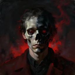 portrait of sad man whose half face is black skull, red ash floating, dust particles, dark atmosphere, lovecraftian, event horizon, painting by beksinski
