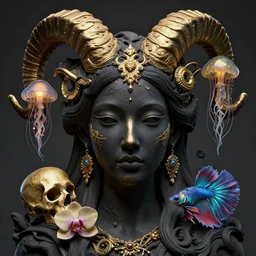 goddess princess face close-up portrait ram skull. sculpture made of black clay and gold. jellyfish phoenix head, nautilus, orchid, skull, betta fish, bioluminiscent creatures, intricate artwork by Tooth Wu and wlop and beeple. octane render, trending on artstation, greg rutkowski very coherent symmetrical artwork. cinematic, hyper realism, high detail, octane render, 8k