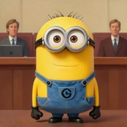 A Minion from Despicable Me as the defendant in court in front of the jury, oil painting