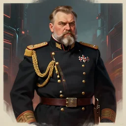 a portrait of a stern heavy set older man with a round face and a salt and pepper goatee, elegantly dressed in a russian officers uniform, in the style of a soviet era propaganda poster, cyberpunk dark fantasy art, official fanart behance hd artstation by jesper ejsing