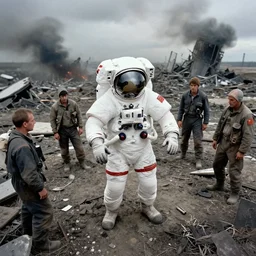 american spacesuit astronaut in postapocalyptic times square nuclear bombing, overcast, high angle, by steve mccurry, by oleg oprisco, by thomas peschak, by nasal, by victor enrich, by gregory crewdson