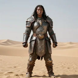a large barbarian woman wearing scale mail, heavy looking, powerful, imposing, by greg rutkowski, giotto, larry elmore, highly detailed, hyperrealistic, dark skin, desert lands, sharp focus, soft lighting, centered, sunlight