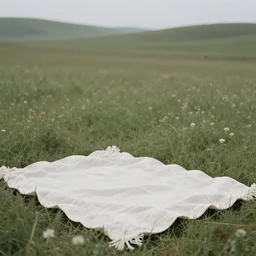 “ a white linen picnic blanket in the foreground of a grassy prairie scene, muted colours, f3.5”
