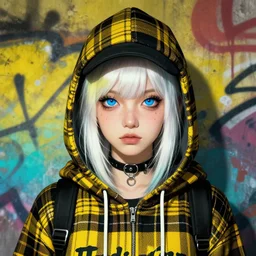 highly detailed portrait of a sewer punk lady student, blue eyes, tartan hoody, hat, white hair by atey ghailan, by greg rutkowski, by greg tocchini, by james gilleard, by joe fenton, by kaethe butcher, gradient yellow, black, brown and cyan color scheme, grunge aesthetic!!! ( ( graffiti tag wall background ) )