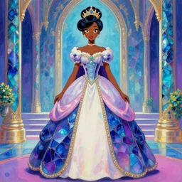 black - skinned princess in a labradorite palace, wearing an elegant dress with vaporwave elements. this gouache painting by the award - winning mangaka has an interesting color scheme and impeccable lighting.