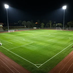 an empty soccer pitch at night, flood lights