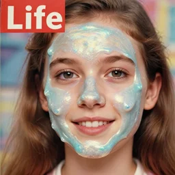 realistic photo of a a blurred face of a girl, covered in iridescent nickelodeon slime on a 9 0 s game show 1 9 6 0, life magazine photo, natural colors, metropolitan museum, kodak, 8 k, very detailed, high resolution, product photo,