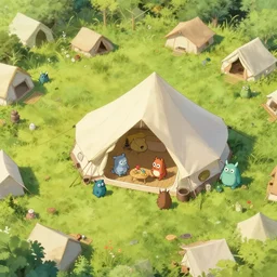 lab to create cute monsters playing in a tent at campsite, aerial view, not too many tents, natural lighting, playful color scheme, intricate details, matte painting, illustration, by hayao miyazaki