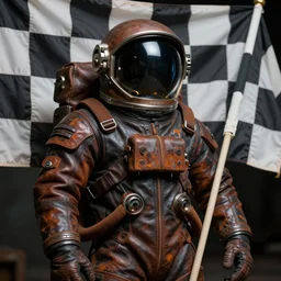 [Leather and rust cosmonaut holding a checkered flag, very detailed, cinematic lighting, matte, sharp, photography, art by enki bilal]