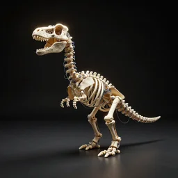 Simple funny mechanic organic dinosaur skeleton sculpture made from cables, wires and tubes, by david lachapelle, by angus mckie, by rhads, in a dark empty black studio hollow, c4d, at night, rimlight, rimight, rimlight