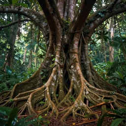 giant roots closeup of a magical tree in the jungle, beautiful colors, matte painting, by christophe vacher