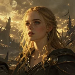 Elle Fanning in the illustrated world of Dark Souls, head and shoulders masterpiece, apocalypse, golden hour, cosmic horror, artstation, in the style of Tove Jansson, extremely detailed